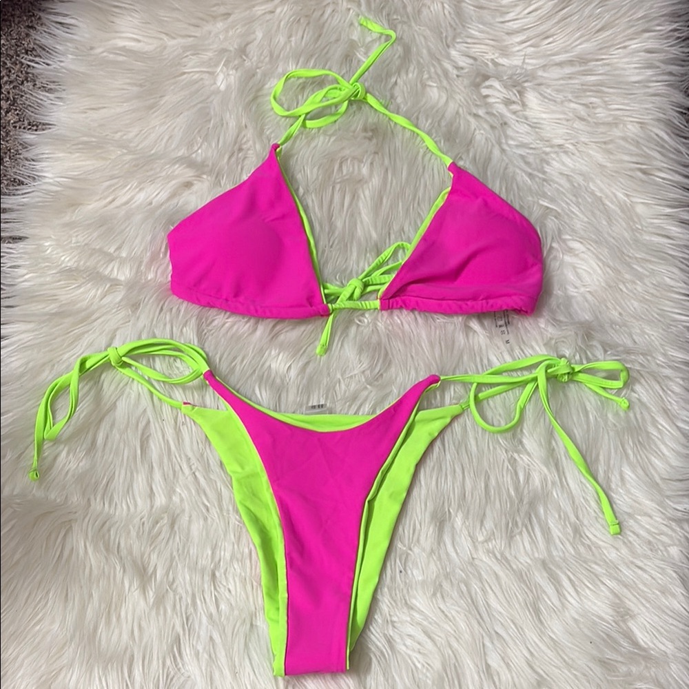 NWOT From Amazon Neon Bright Green And Purple/Pink 2 Piece String Bikini Set M